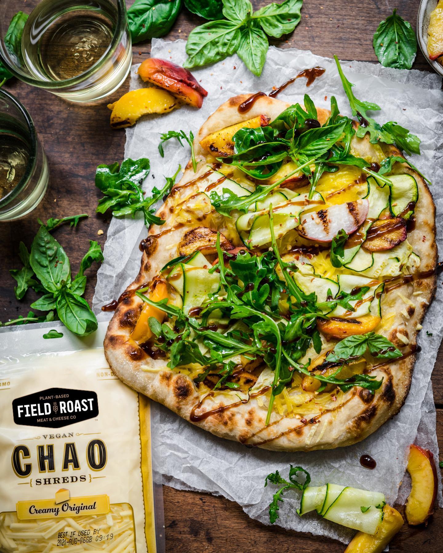 Grilled Peach, Arugula & Zucchini Flatbread with Fieldroast Chao Creamery Creamy Original Shreds