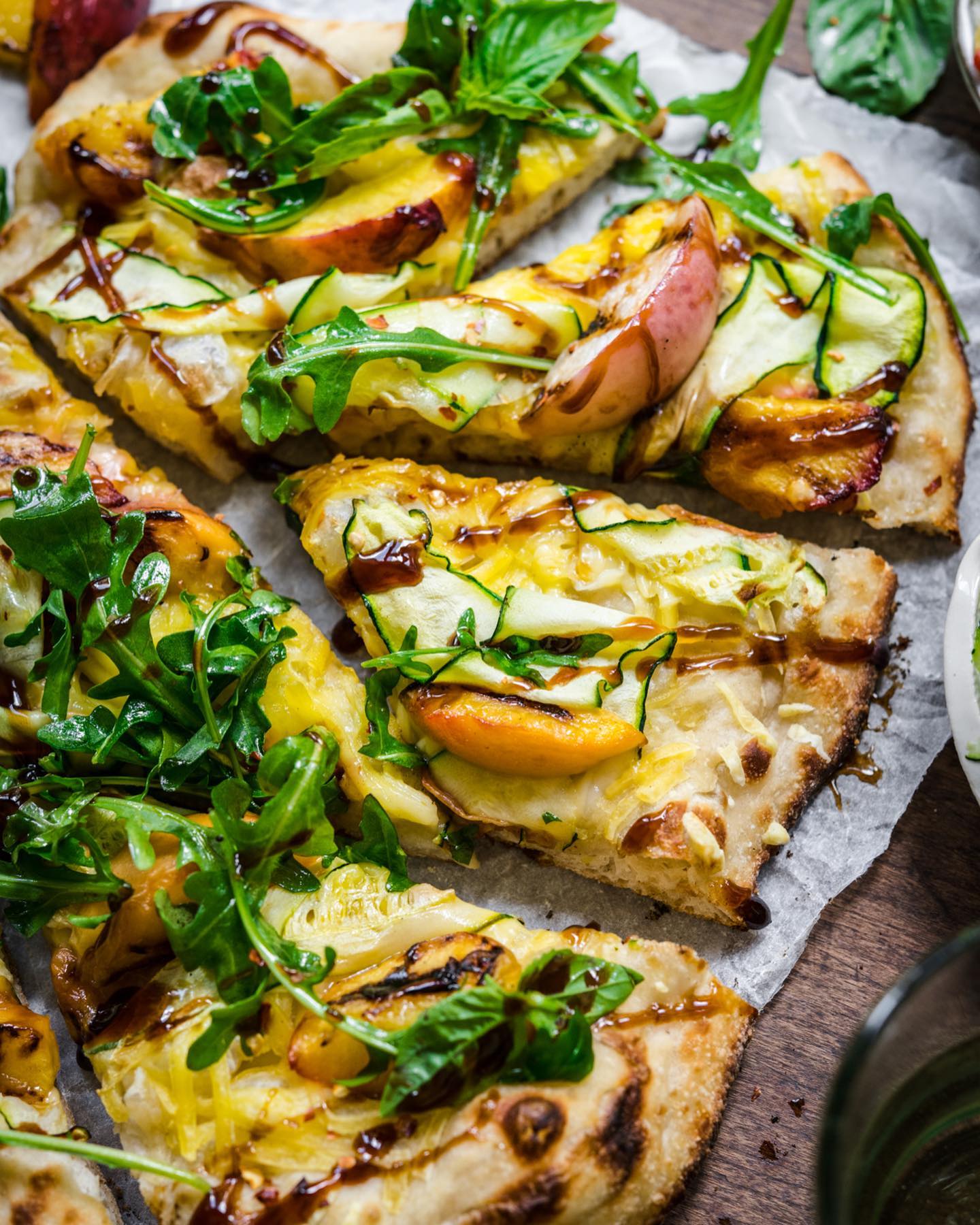 Grilled Peach, Arugula & Zucchini Flatbread with Fieldroast Chao Creamery Creamy Original Shreds