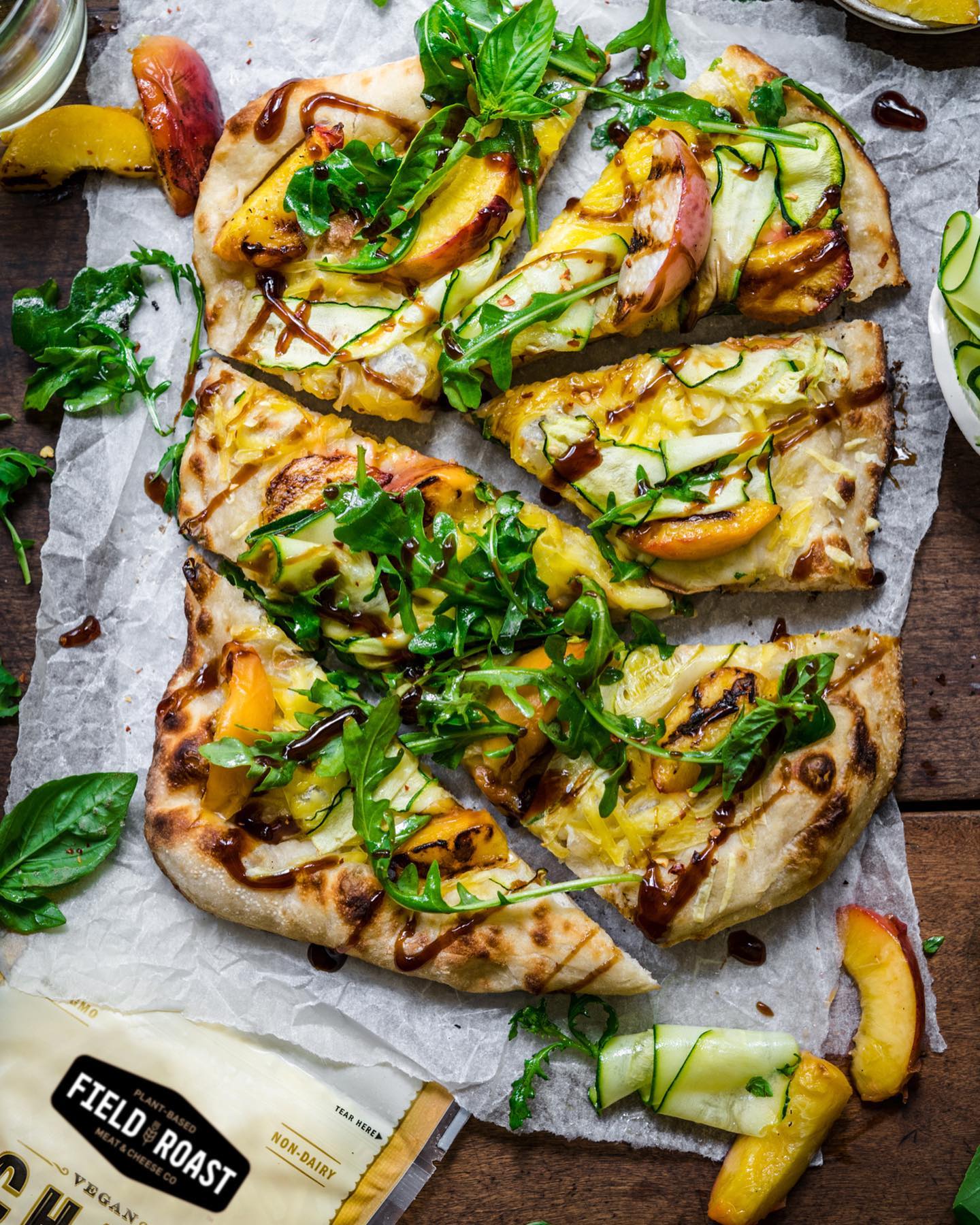 Grilled Peach, Arugula & Zucchini Flatbread with Fieldroast Chao Creamery Creamy Original Shreds