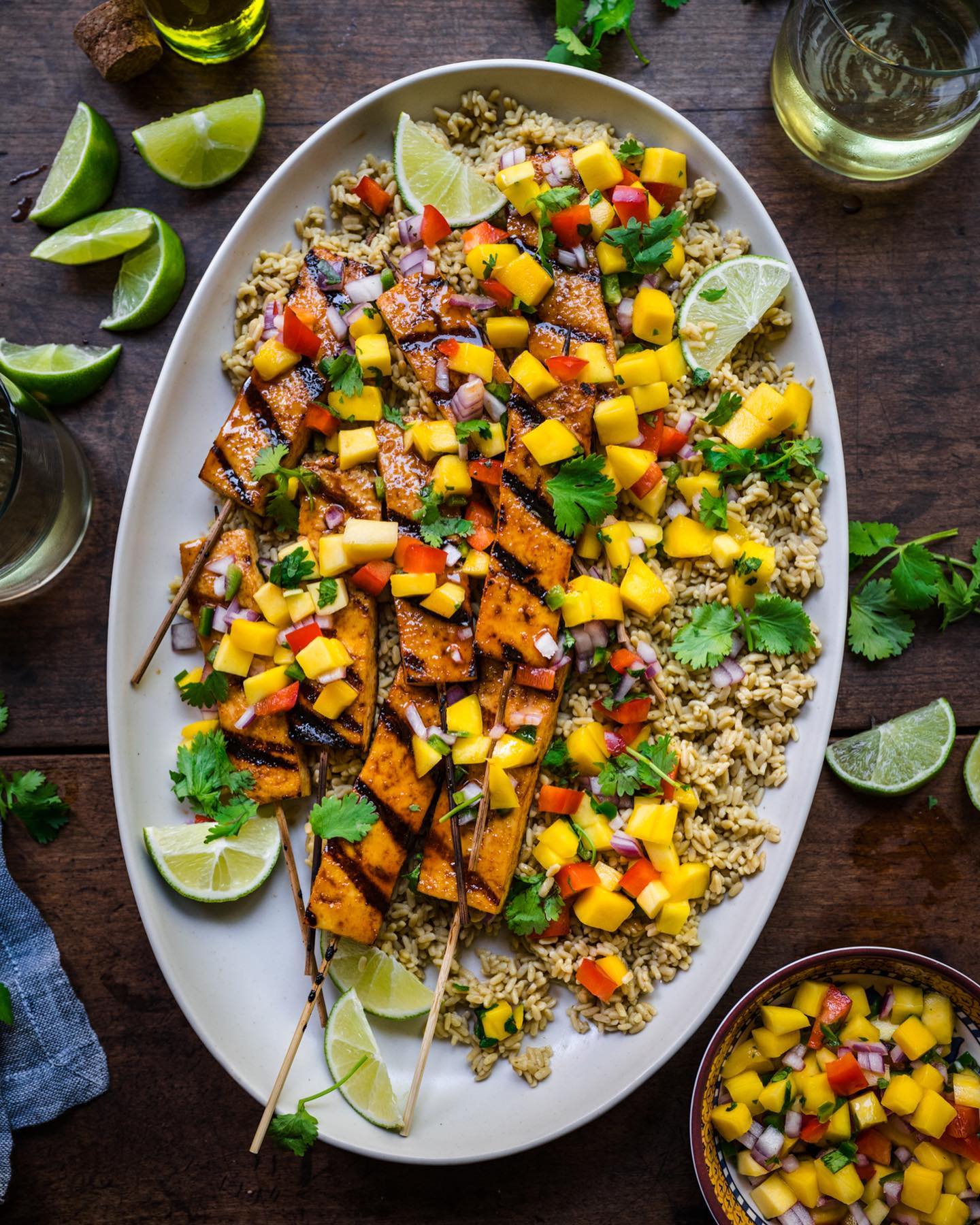 Sriracha Lime Grilled Tofu Skewers with Cilantro Lime Rightrice and Mango Salsa