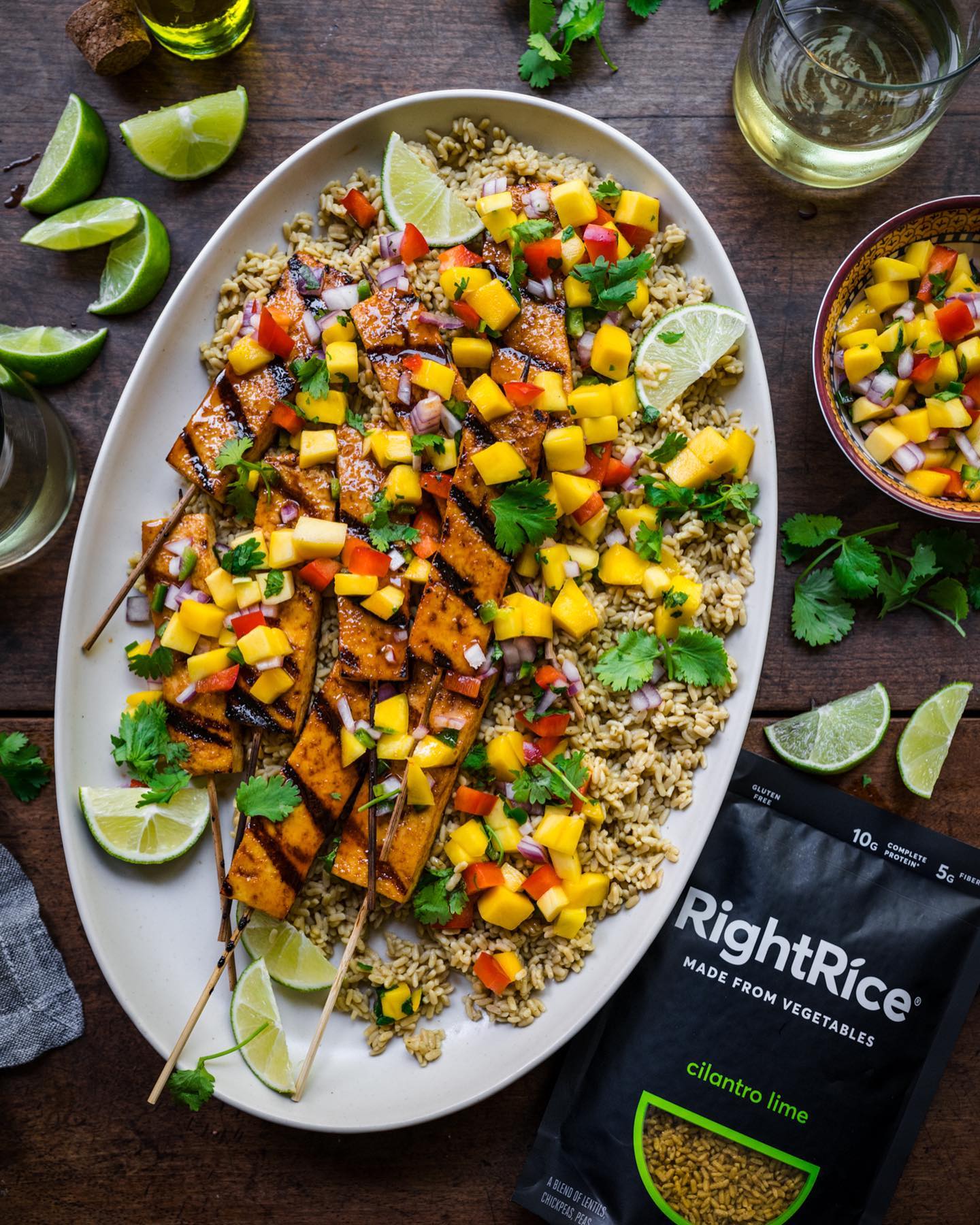 Sriracha Lime Grilled Tofu Skewers with Cilantro Lime Rightrice and Mango Salsa