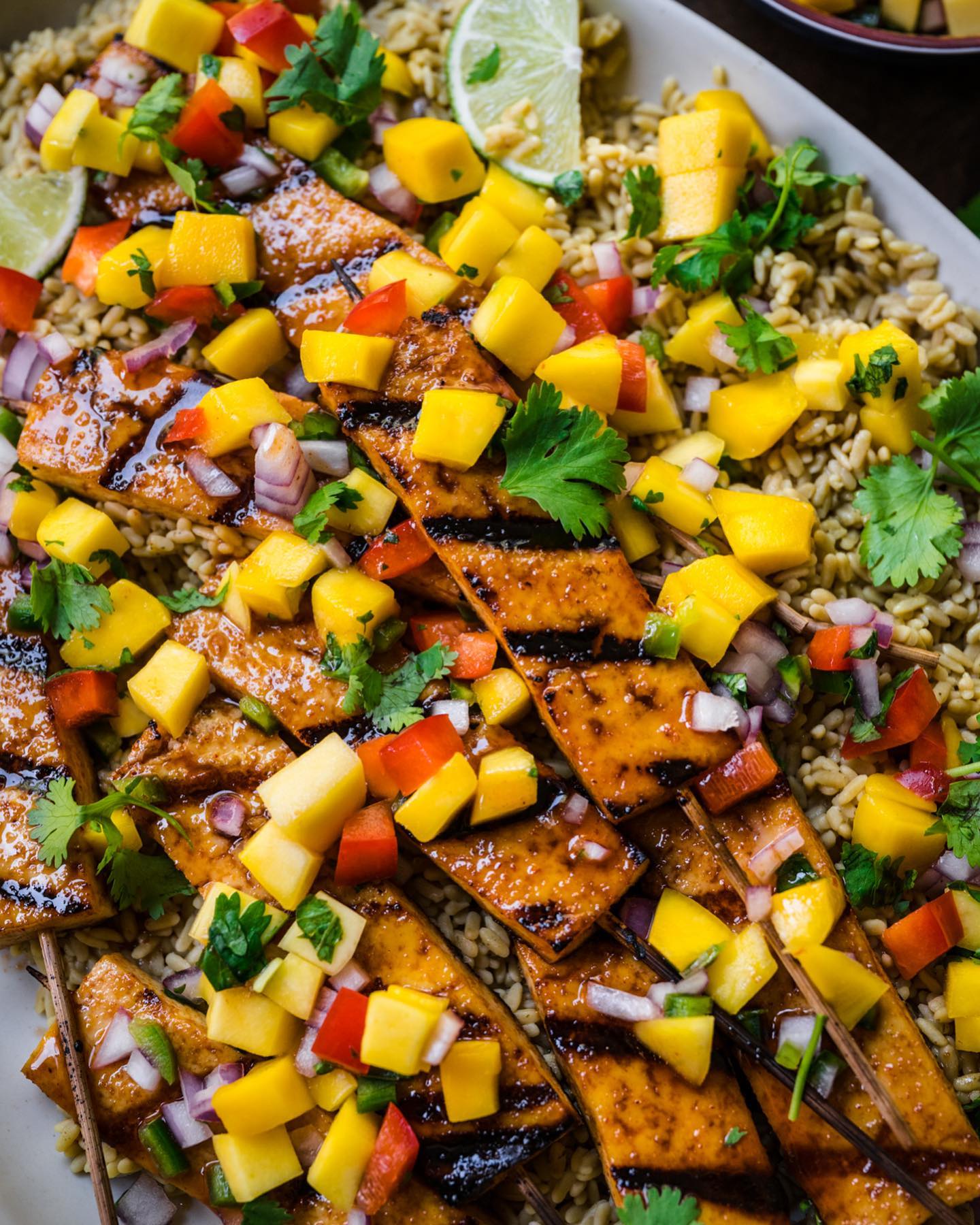 Sriracha Lime Grilled Tofu Skewers with Cilantro Lime Rightrice and Mango Salsa