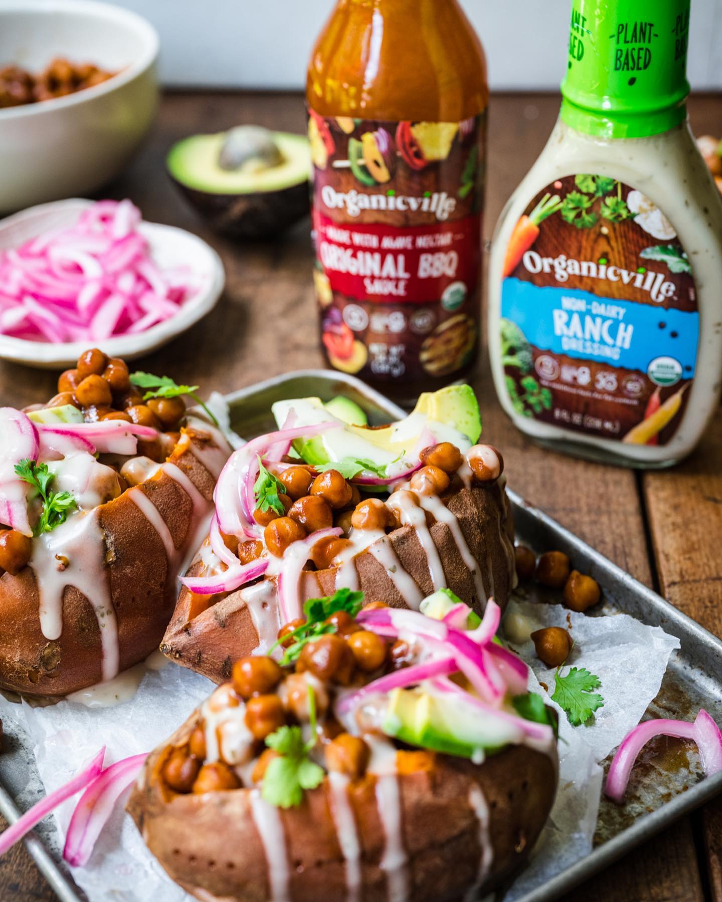 Bbq Chickpea Stuffed Sweet Potatoes with Non-Dairy Ranch Drizzle