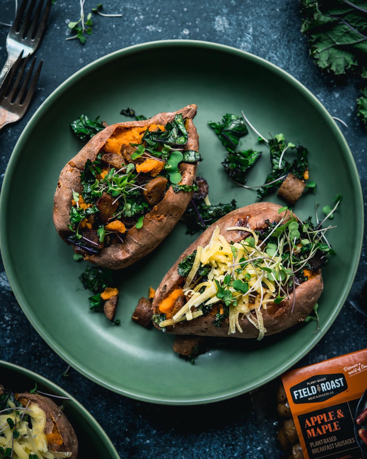 Sweet Potatoes Stuffed with Fieldroast Apple & Maple Plant-Based Sausages and Kale