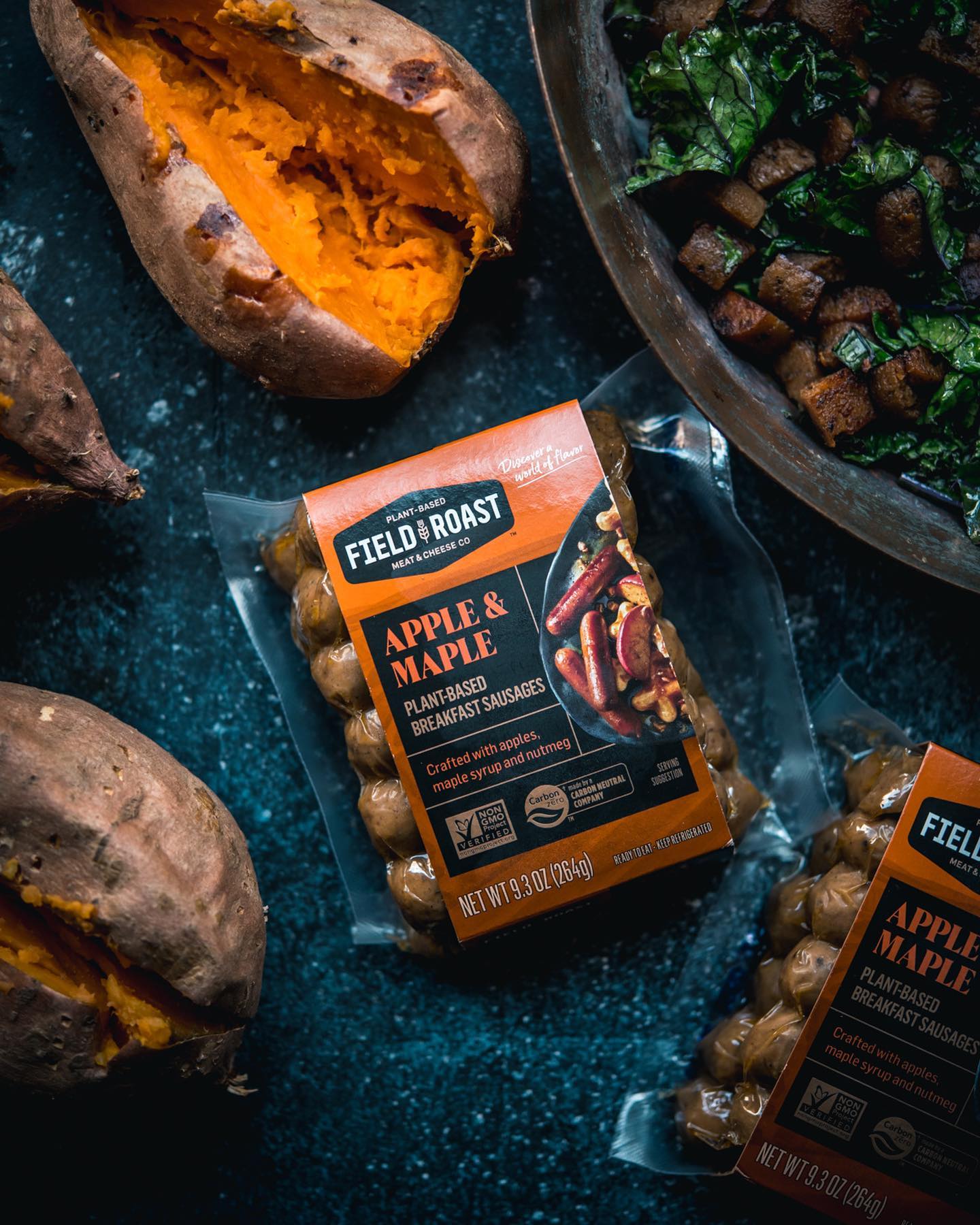 Sweet Potatoes Stuffed with Fieldroast Apple & Maple Plant-Based Sausages and Kale