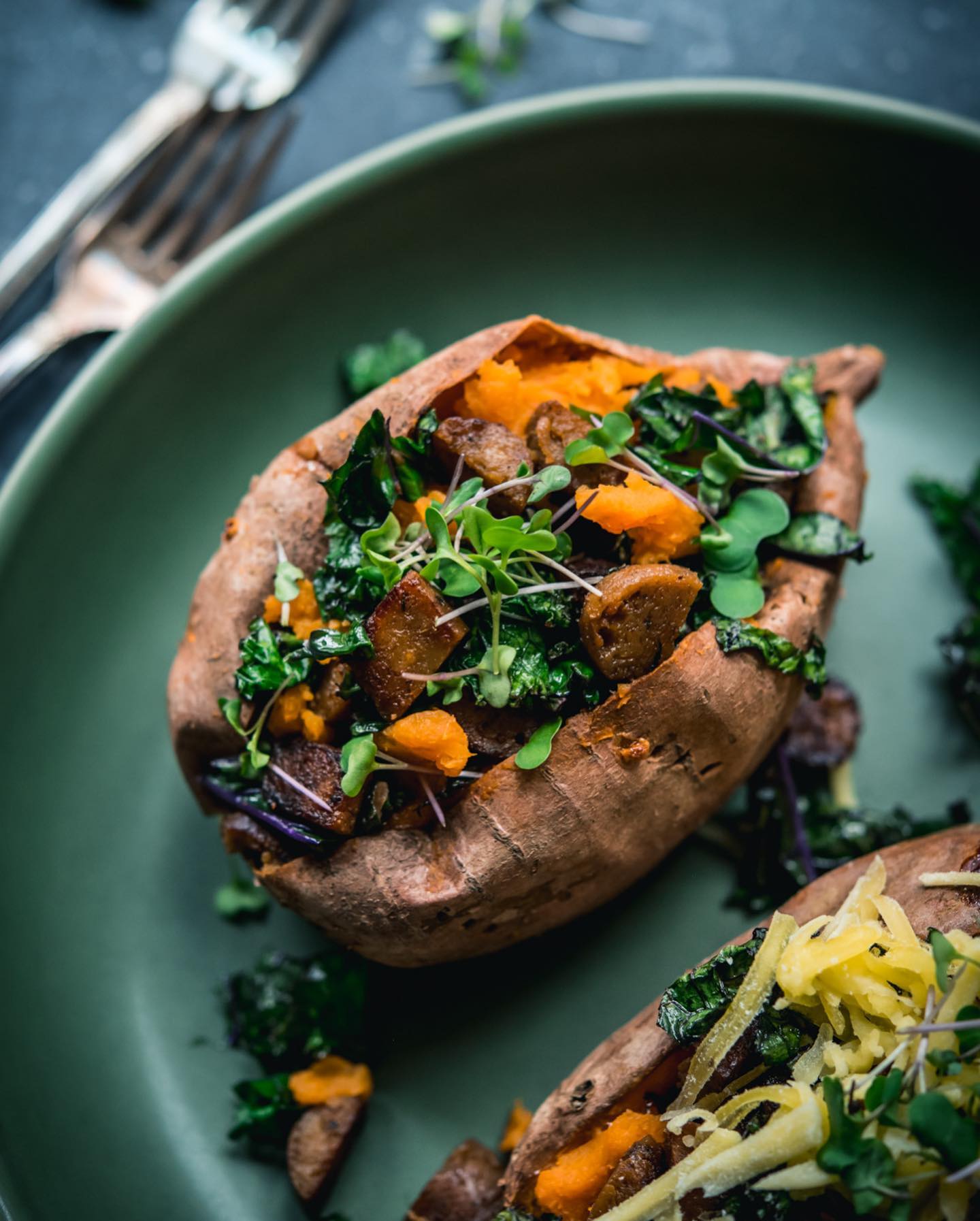 Sweet Potatoes Stuffed with Fieldroast Apple & Maple Plant-Based Sausages and Kale