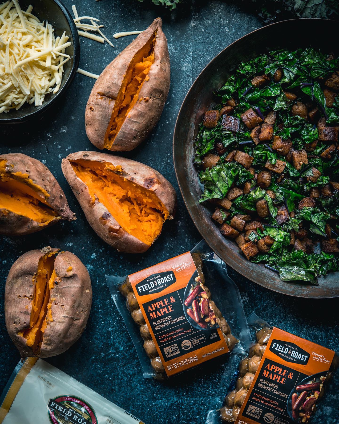 Sweet Potatoes Stuffed with Fieldroast Apple & Maple Plant-Based Sausages and Kale