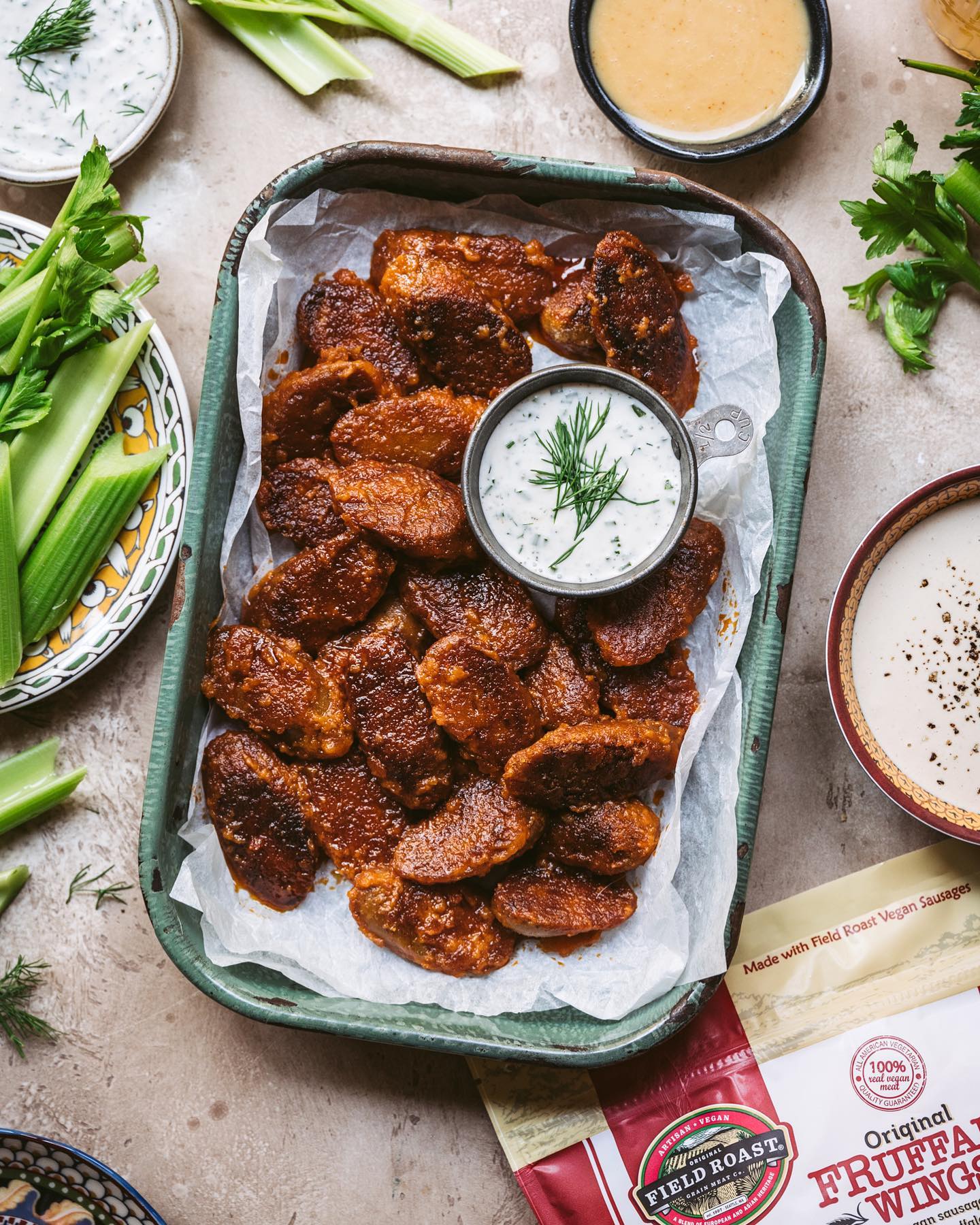 Crispy Fruffalo Wings with Three Plant-Based Dipping Sauces