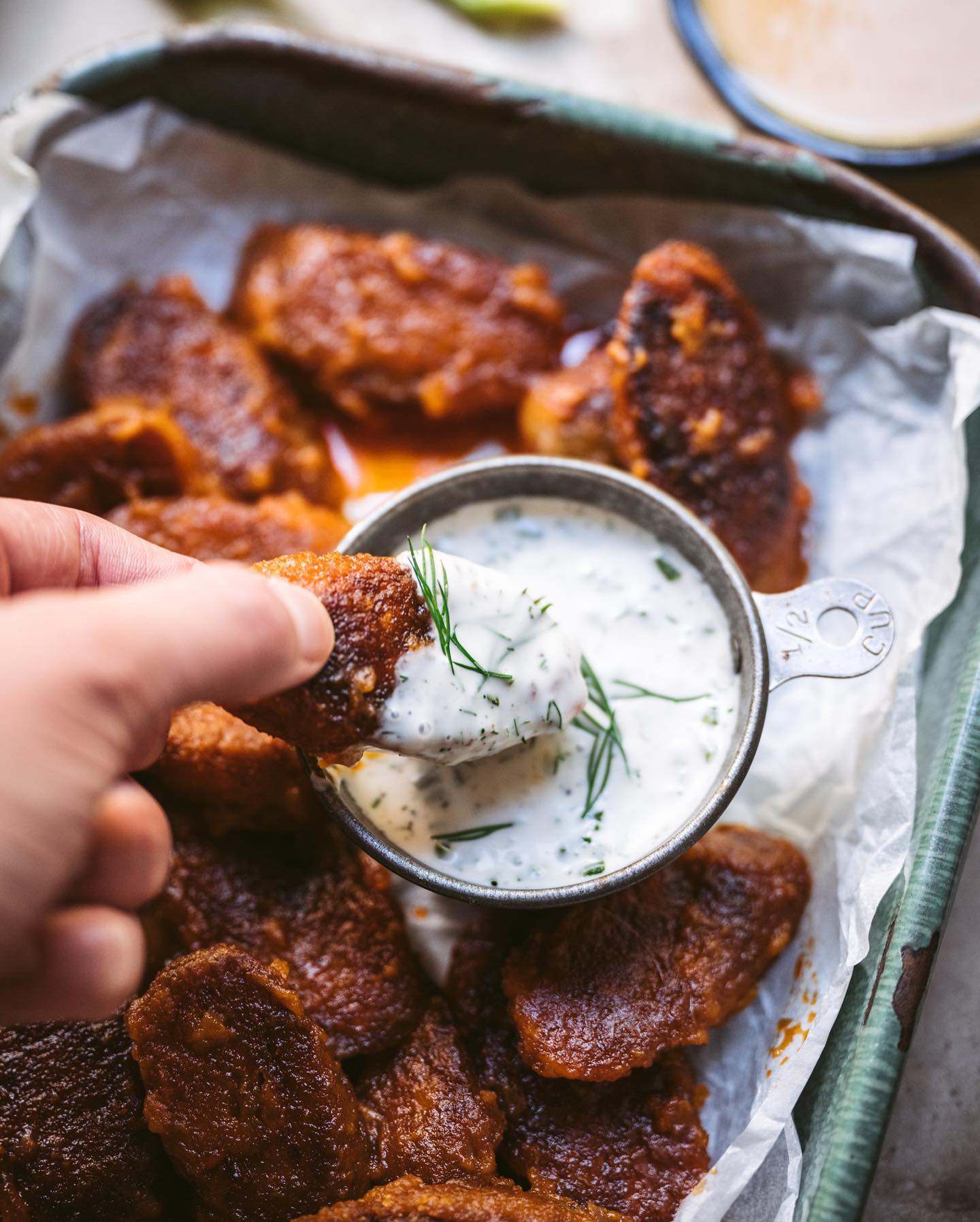 Crispy Fruffalo Wings with Three Plant-Based Dipping Sauces