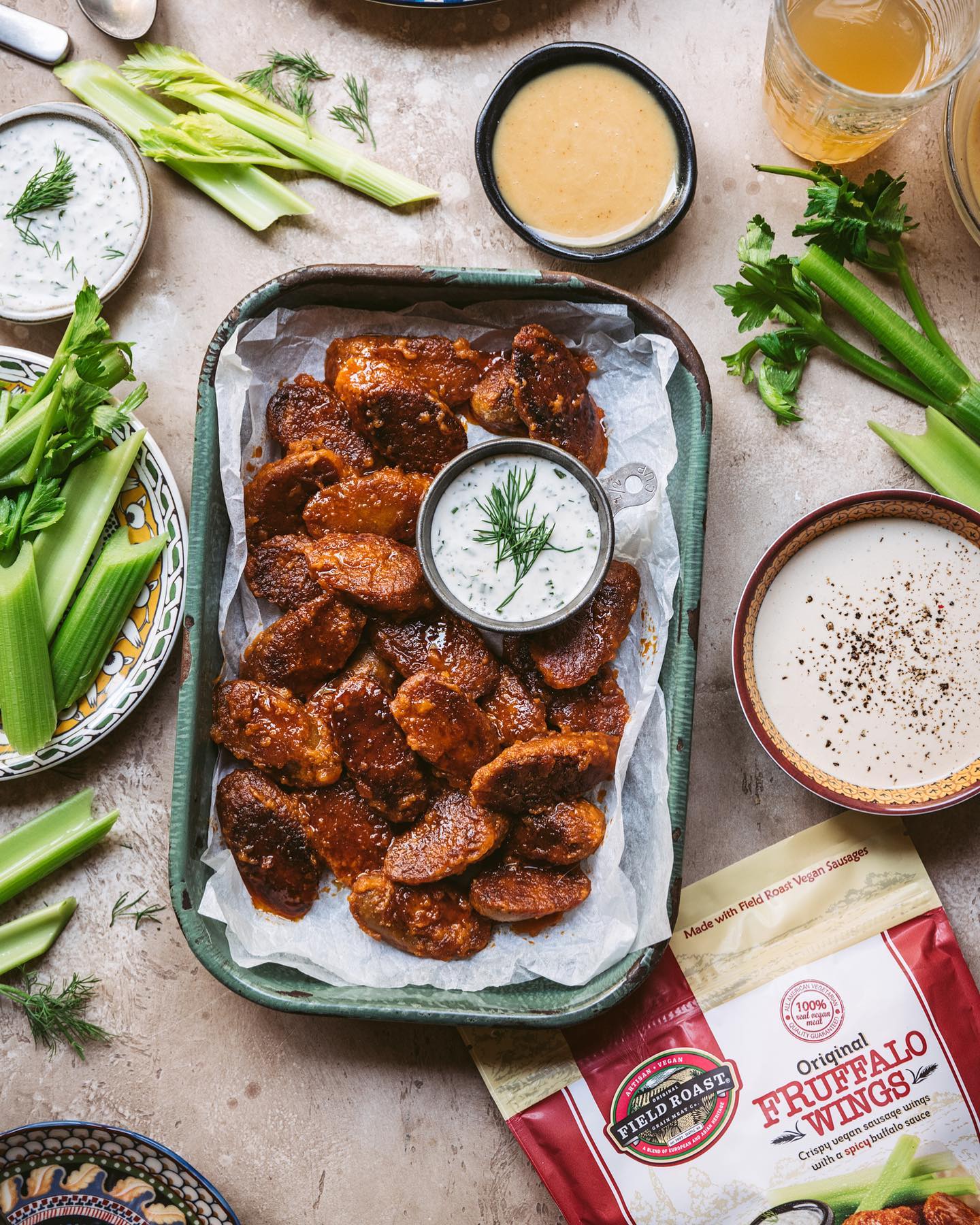 Crispy Fruffalo Wings with Three Plant-Based Dipping Sauces
