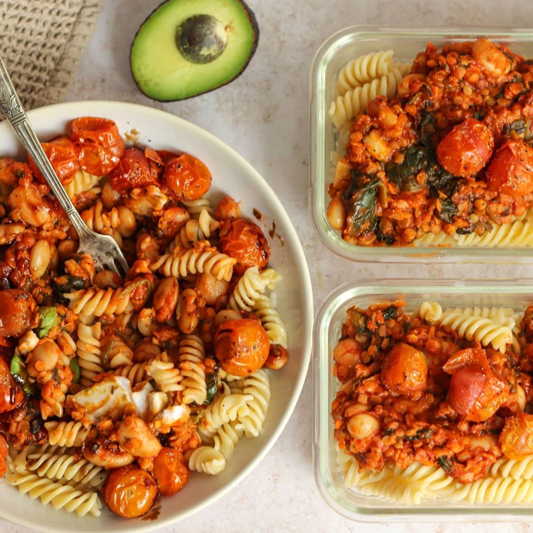 Whitebean Lentil Bolognese with Balsamic Roasted Tomatoes & Greek Cheese