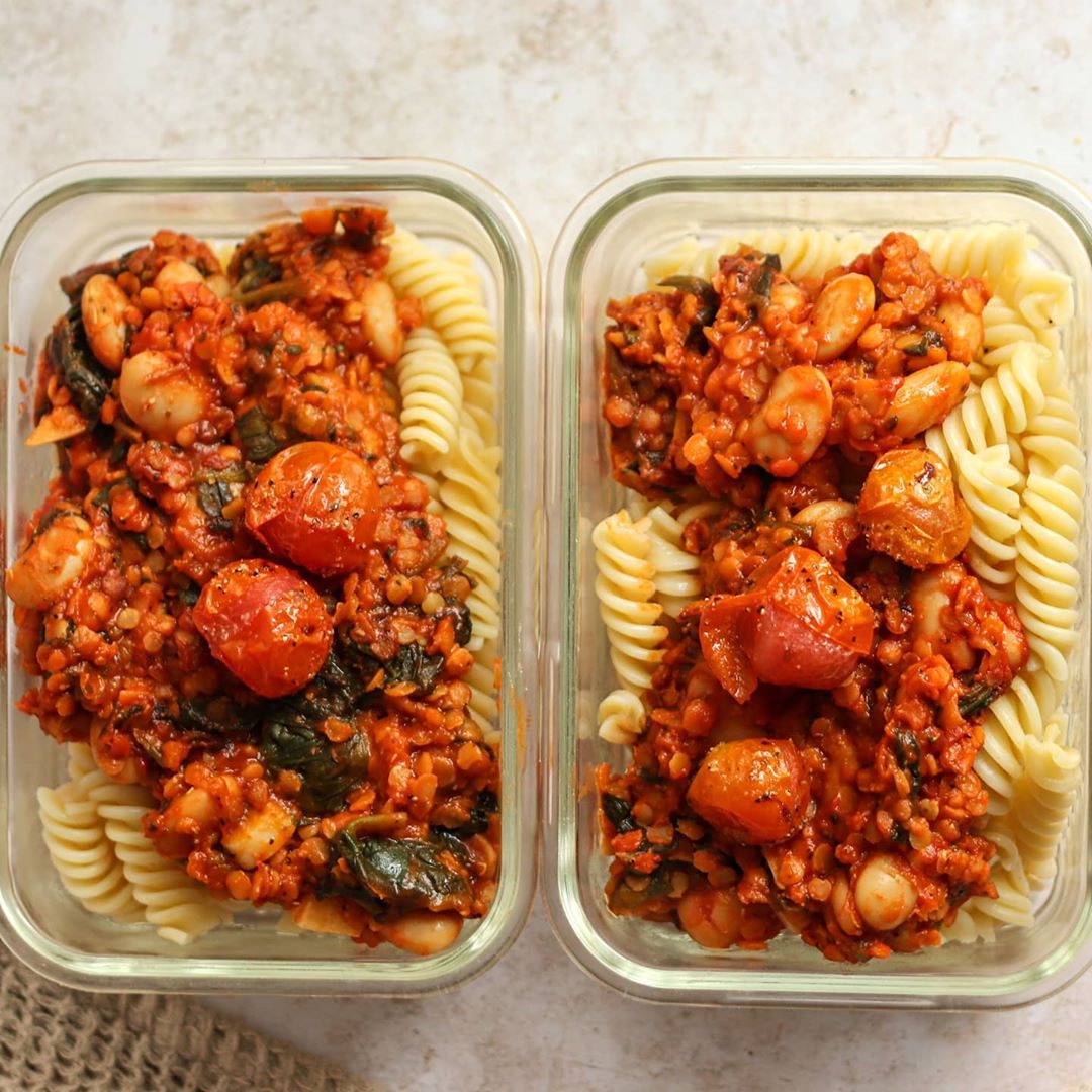 Whitebean Lentil Bolognese with Balsamic Roasted Tomatoes & Greek Cheese