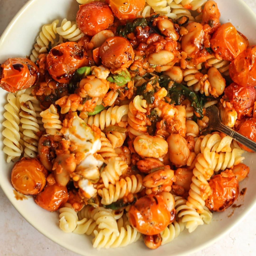 Whitebean Lentil Bolognese with Balsamic Roasted Tomatoes & Greek Cheese