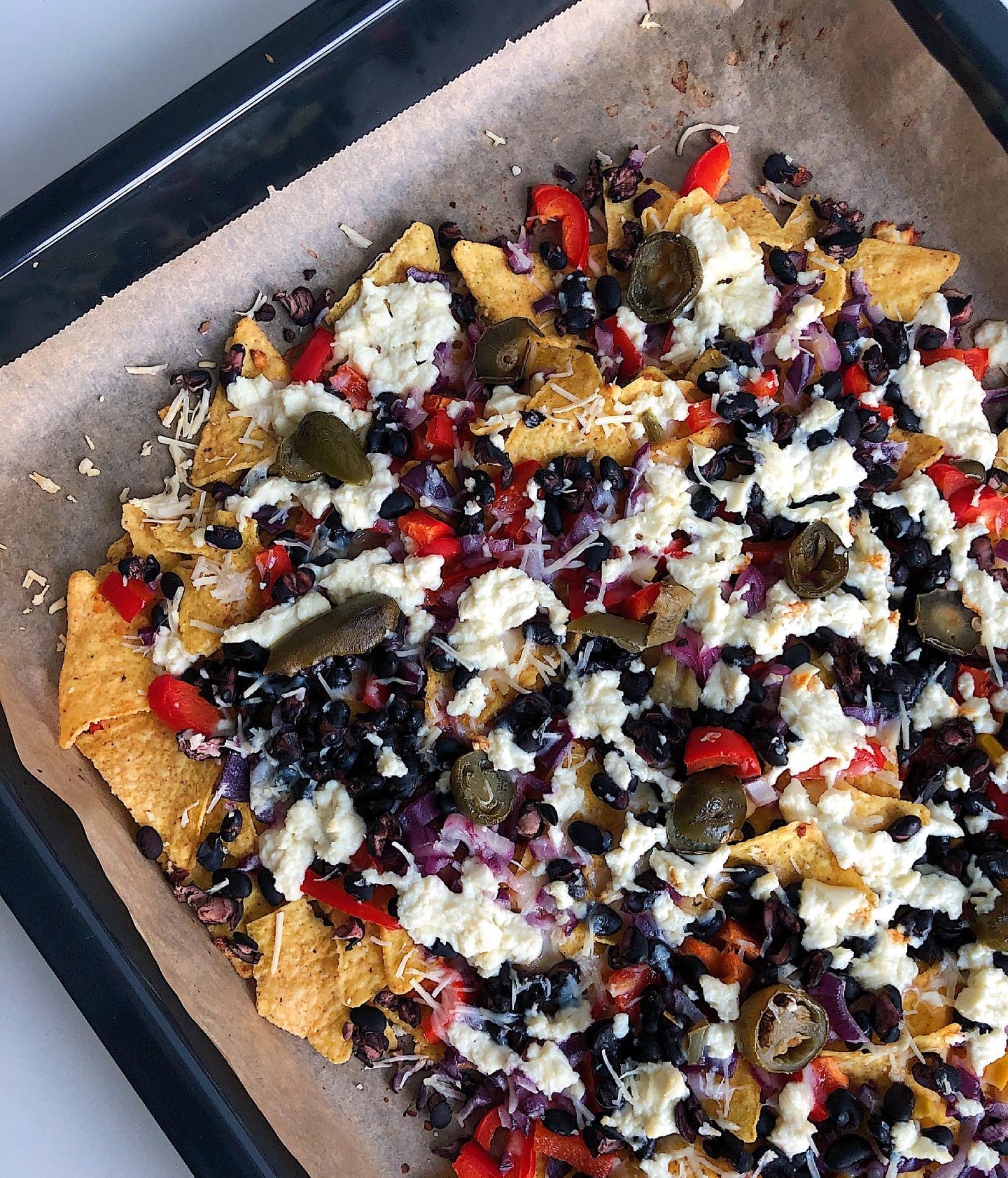 Loaded Veg Nachos with Black Beans and Feta Cheese