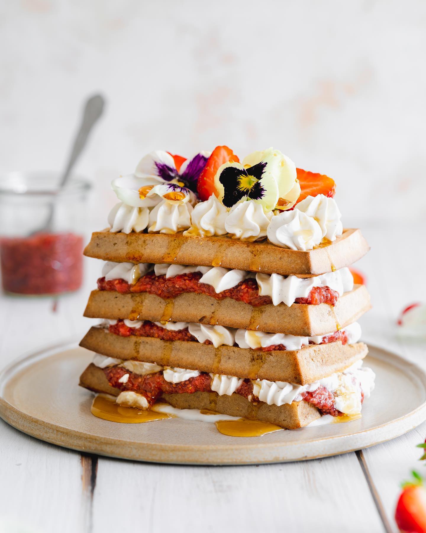 Baked Waffles with Strawberries and Cream