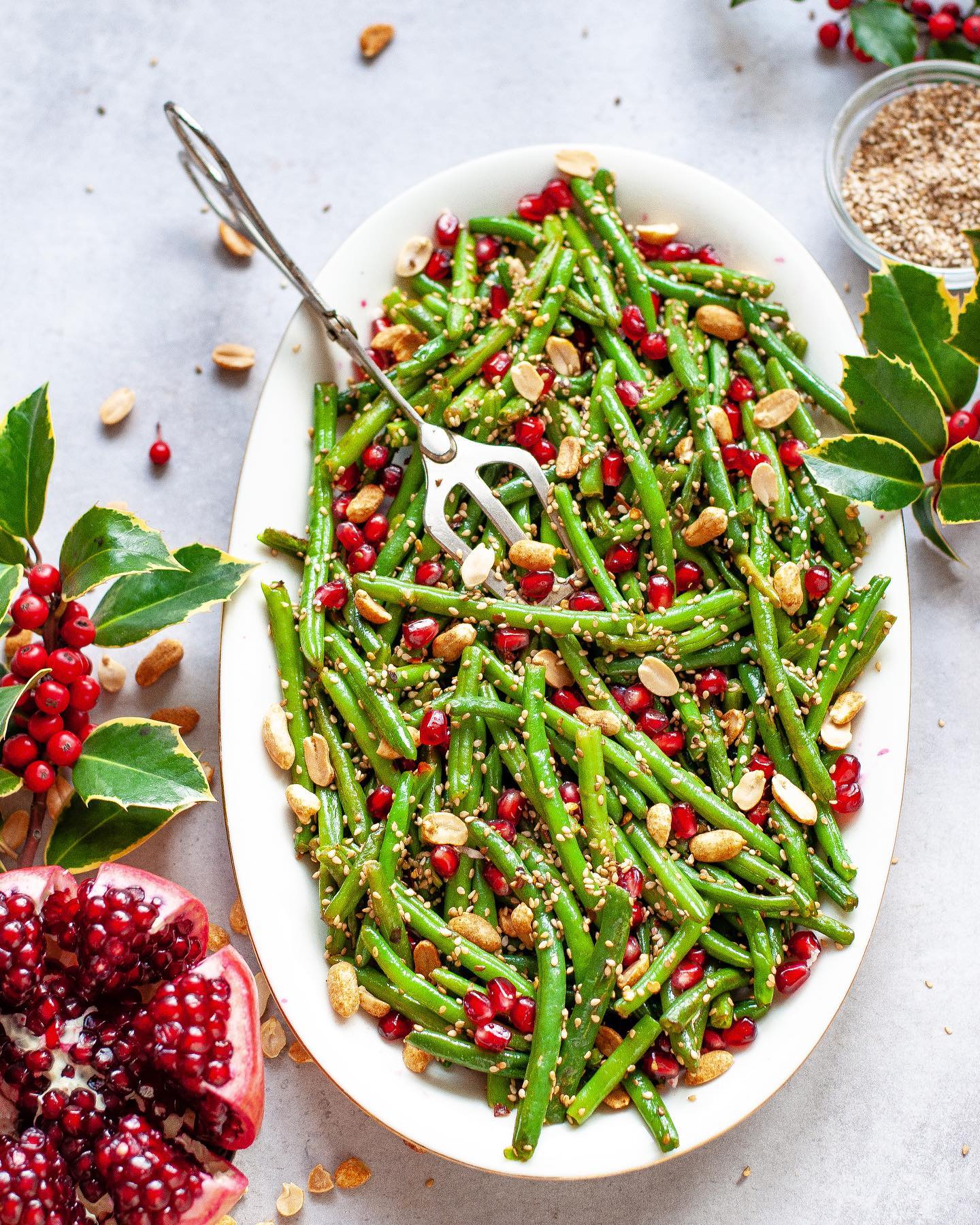 Vegan French Bean Salad with Peanuts and Pomegranate