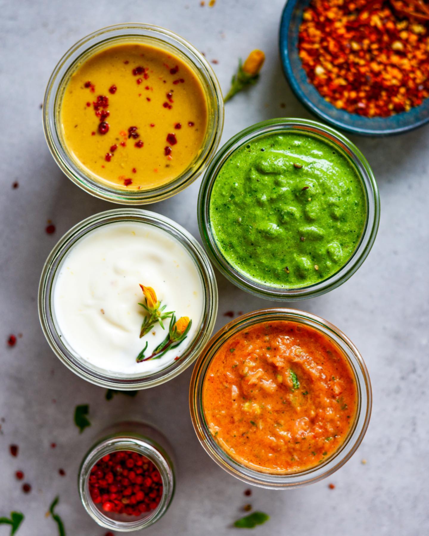 Easy Homemade Vegan Sauces: Tofu Mayonnaise, Wild Garlic or Arugula Pesto, Fresh Tomato Chutney, Peanut Mustard Sauce