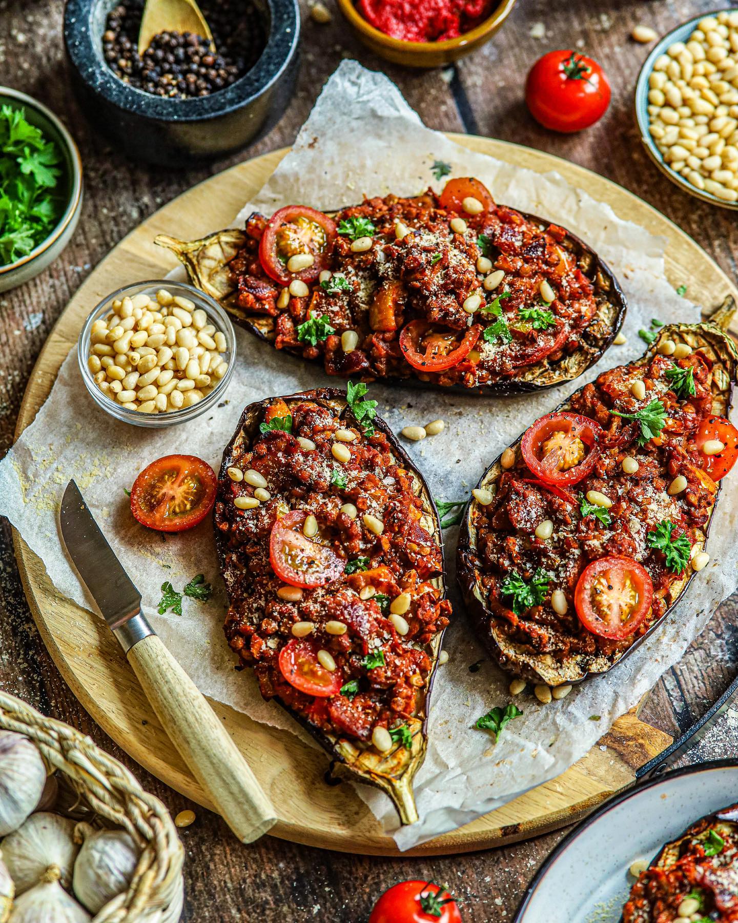 Vegan Stuffed Eggplant with Tomato and Lentils