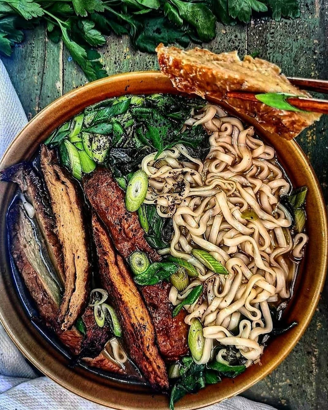 Seitan Ramen Bowl with Green Onion and Coriander