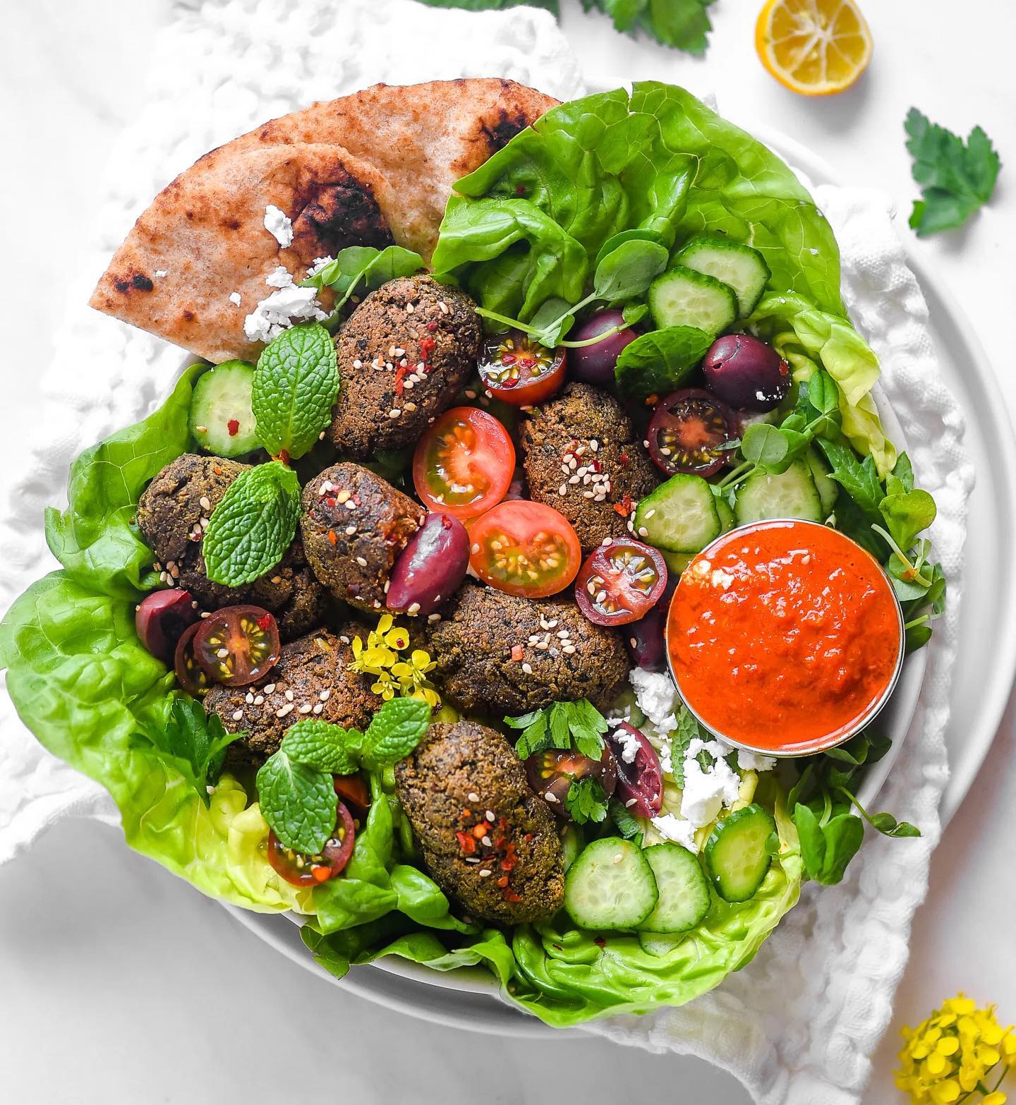 Plant-Based Mediterranean Kefta Meatballs with Harissa Sauce Salad