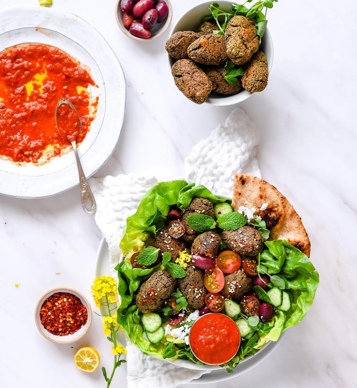 Plant-Based Mediterranean Kefta Meatballs with Harissa Sauce Salad