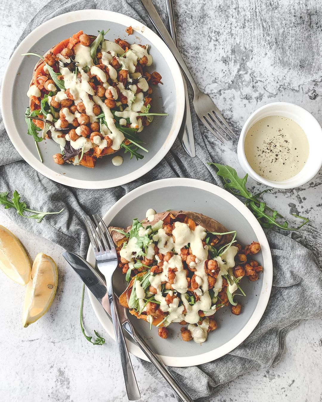 Baked Sweet Potatoes with Cayenne Chickpeas and Creamy Dressing