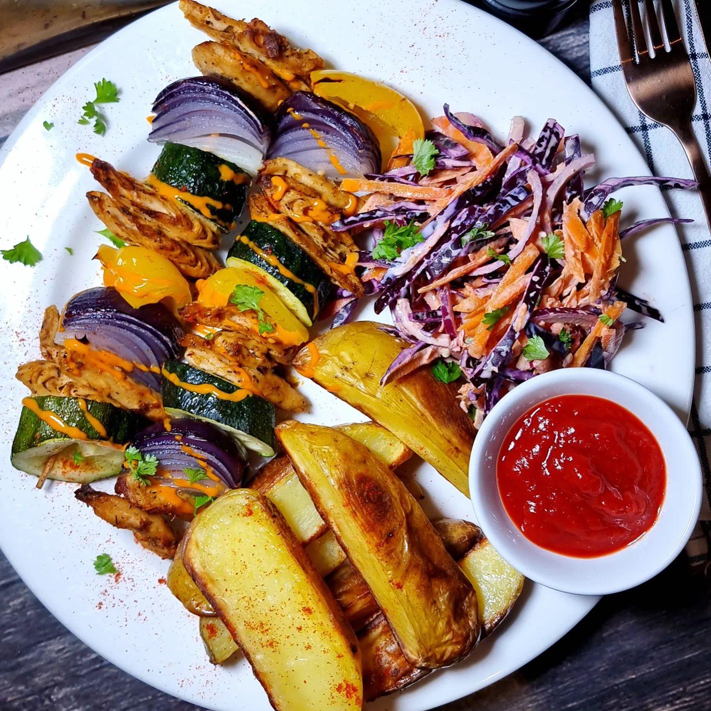 Chunky Vegan Chicken Skewers with Wedges and Coleslaw