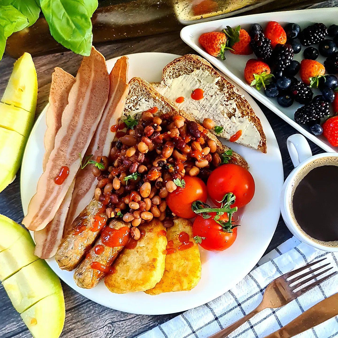 Vegan Cooked Breakfast with Beans and Fruits