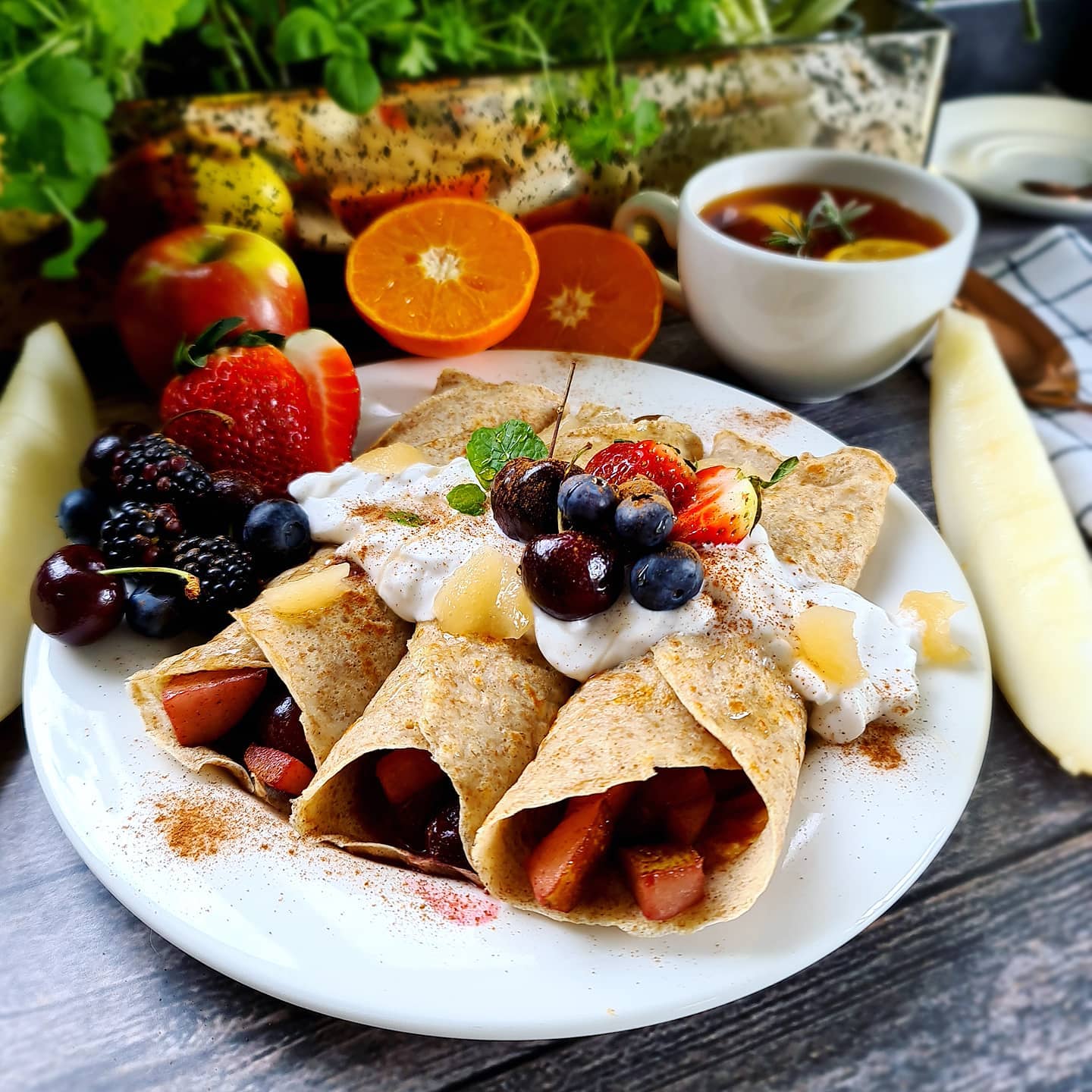 Wholemeal Crêpes with Caramelised Pear & Cherries