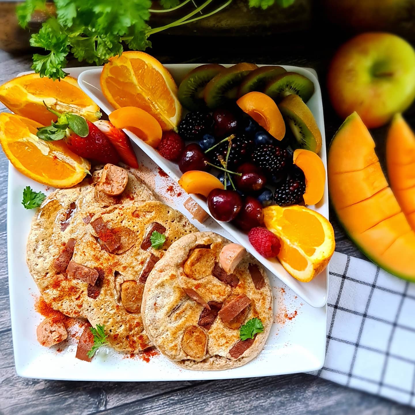 Savory Sausage & Bacon Pancakes with Maple Syrup