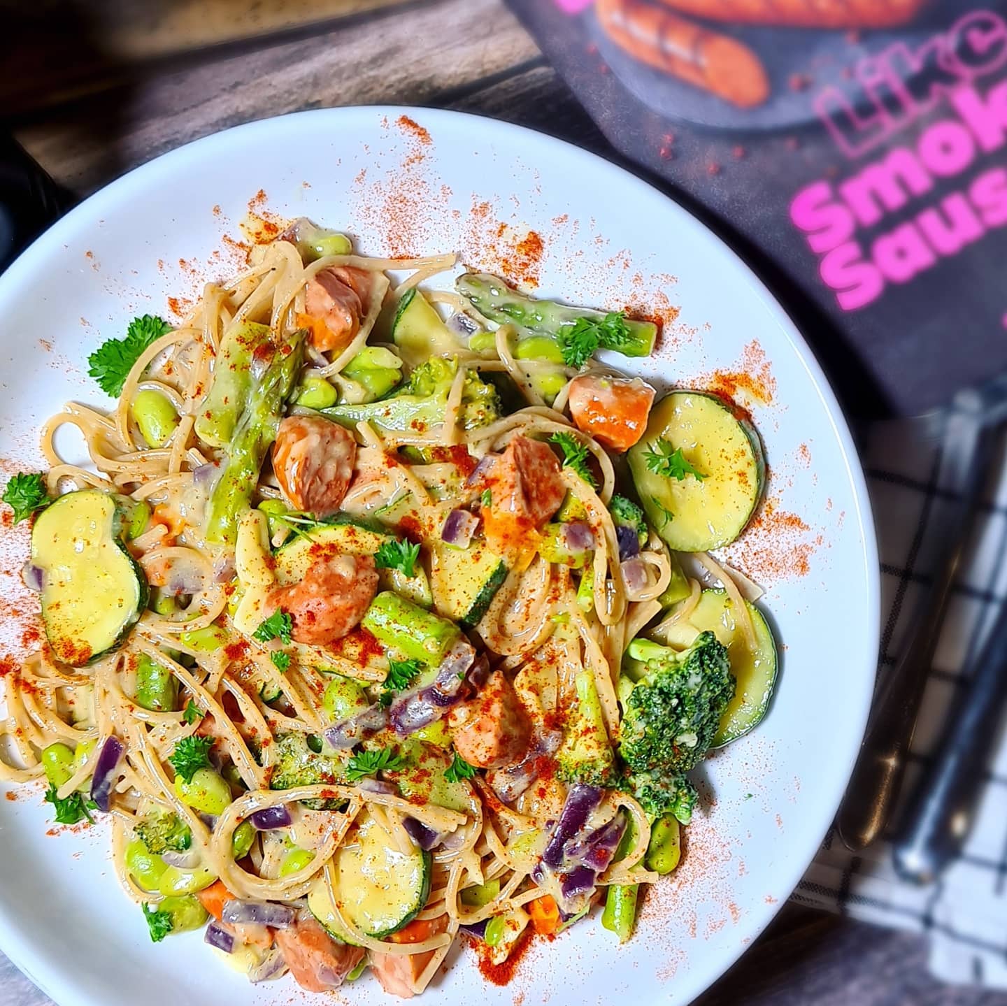 Cheesy Smoked Sausage Spaghetti with Green Vegetables