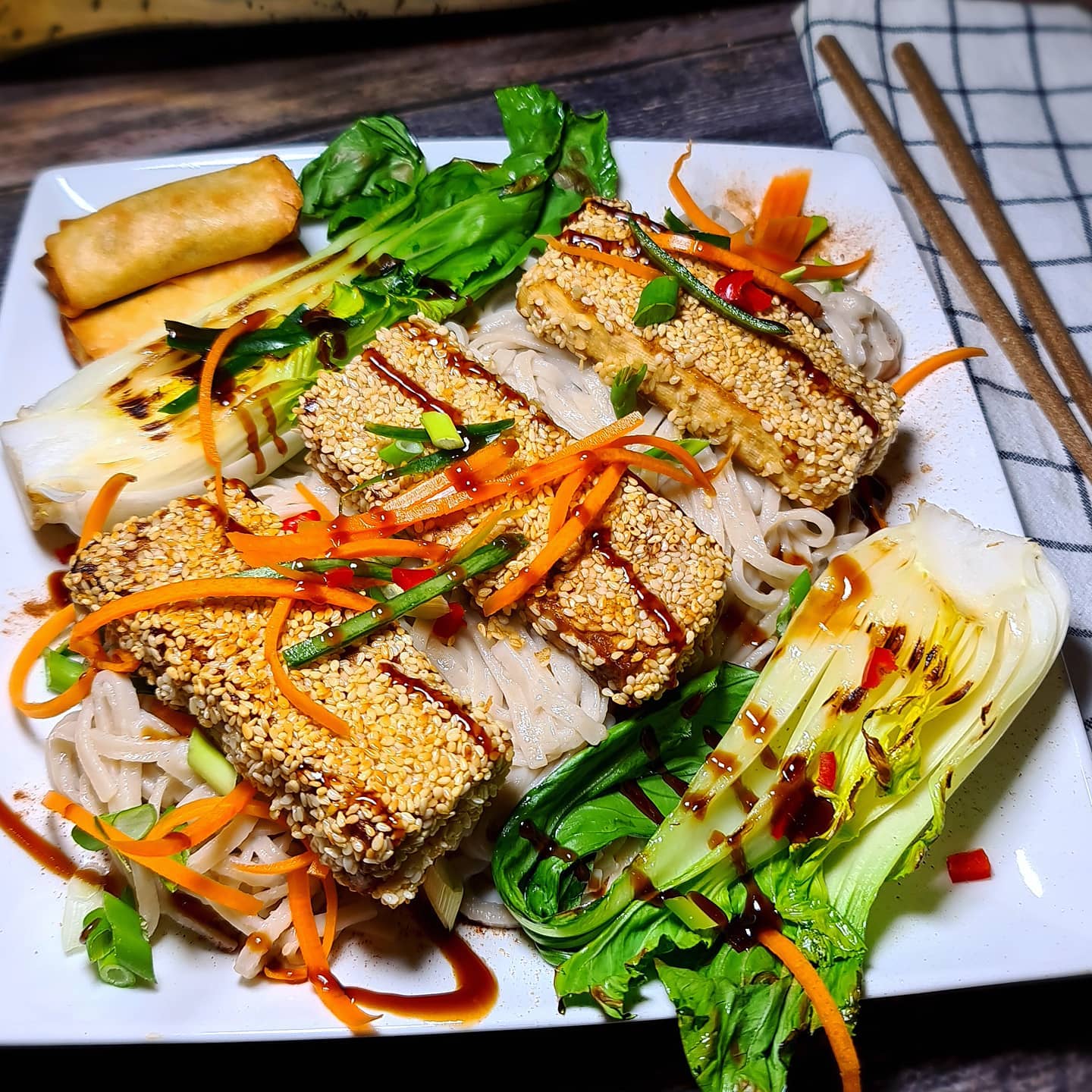 Sesame Crusted Tofu with Rice Noodles and Pak Choi