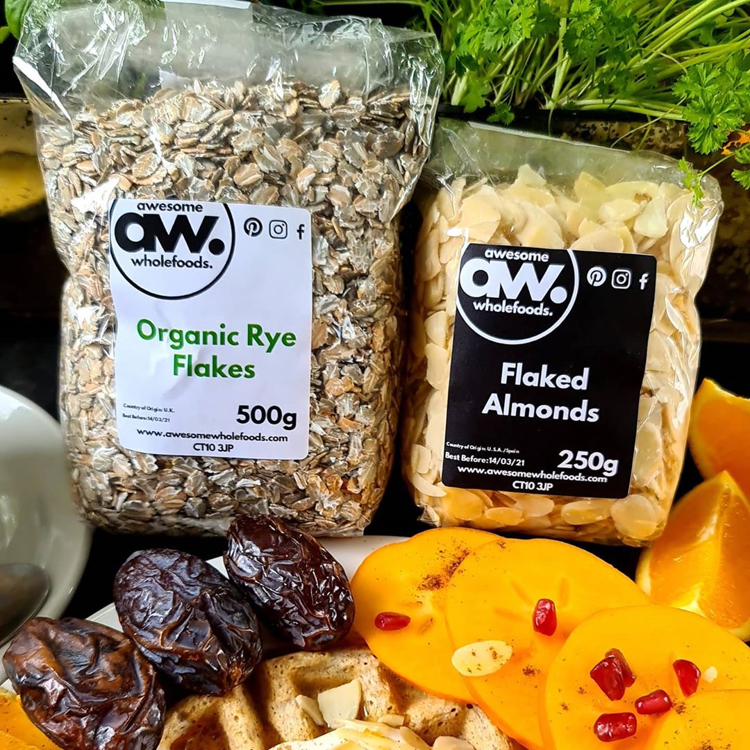 Organic Rye Waffle with Soya Yoghurt, Flaked Almonds & Fruit