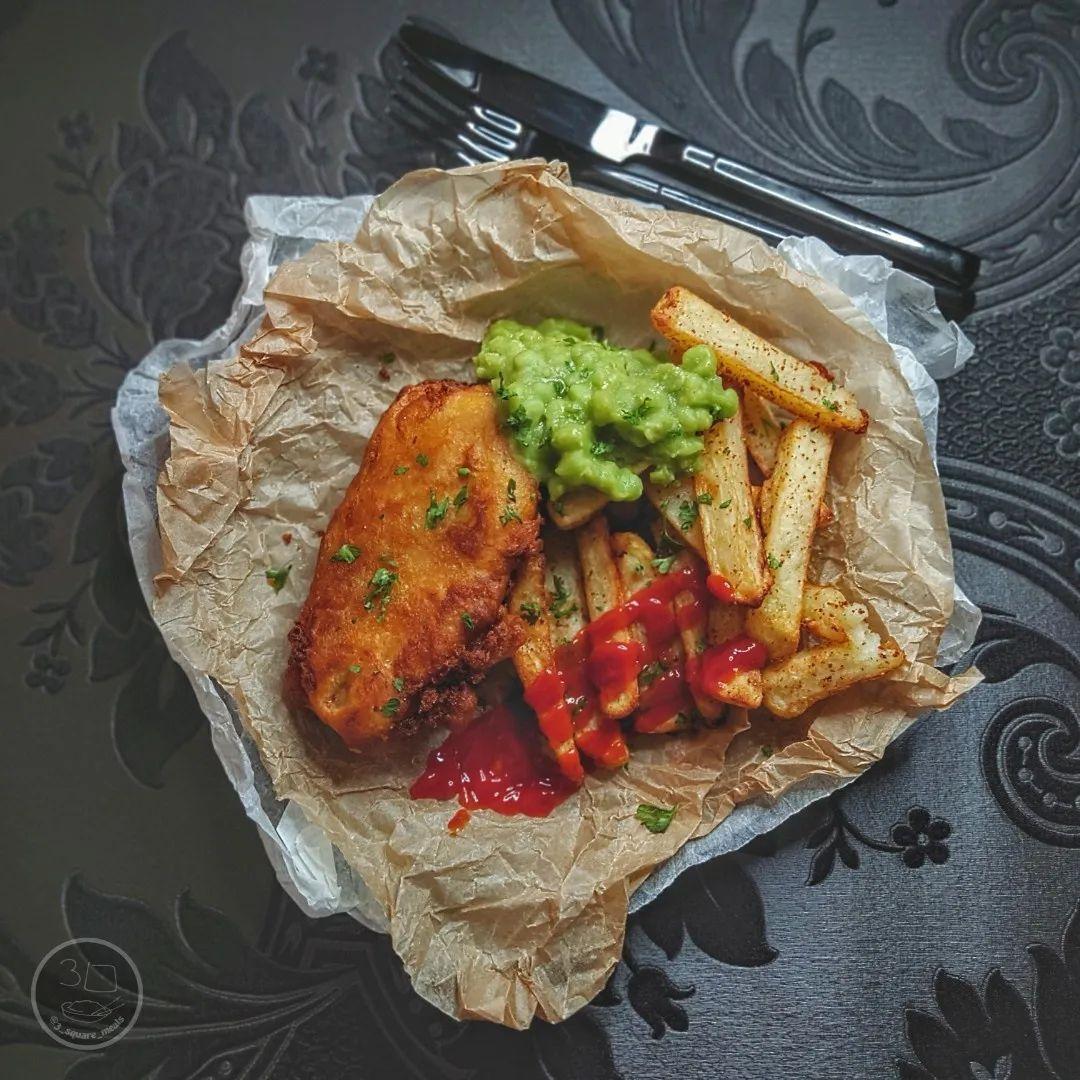 Vegan Battered Salmon with Chips