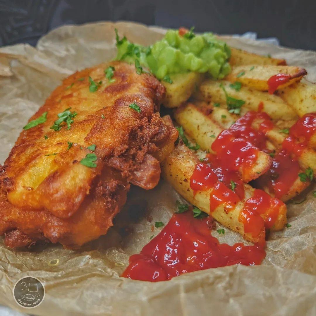 Vegan Battered Salmon with Chips