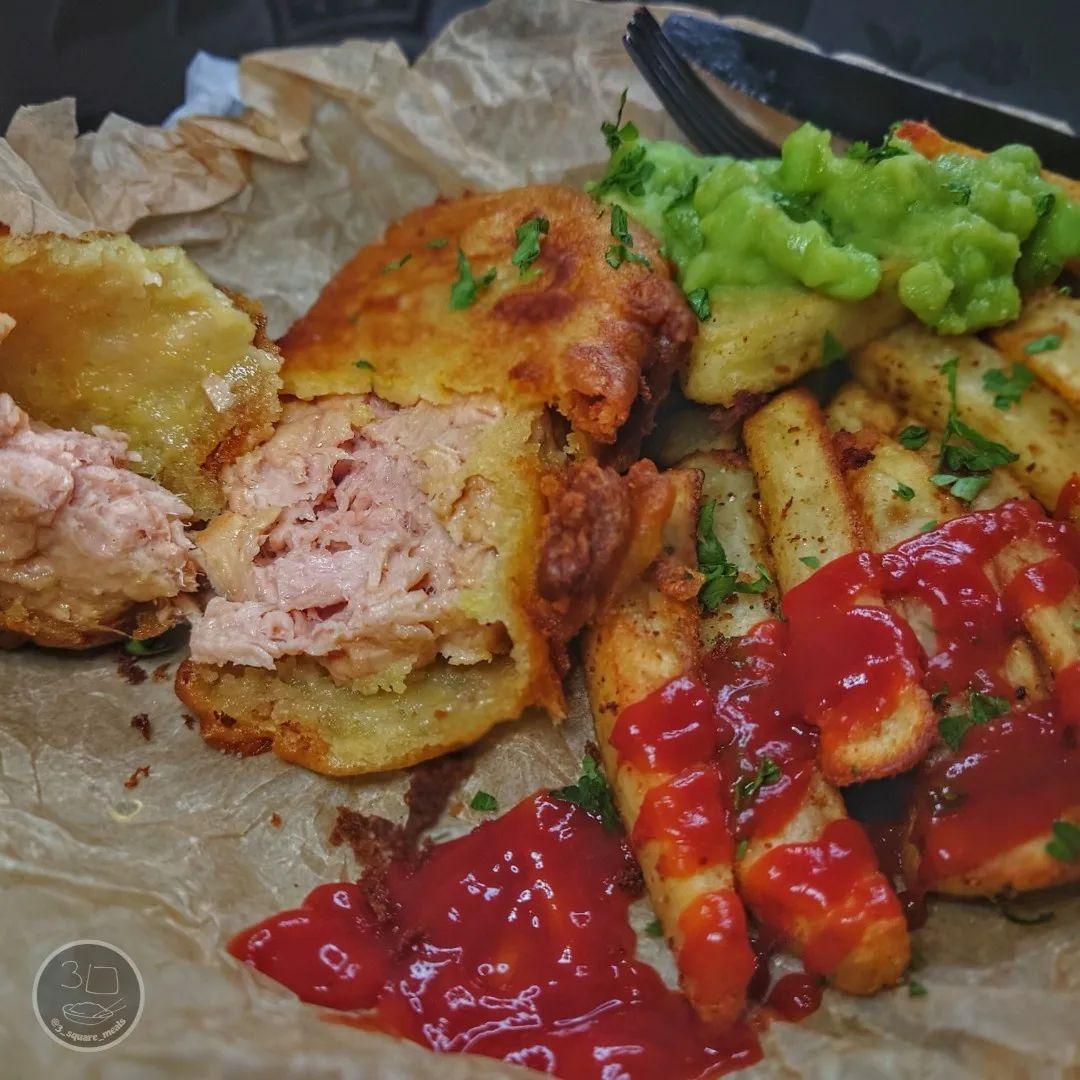 Vegan Battered Salmon with Chips