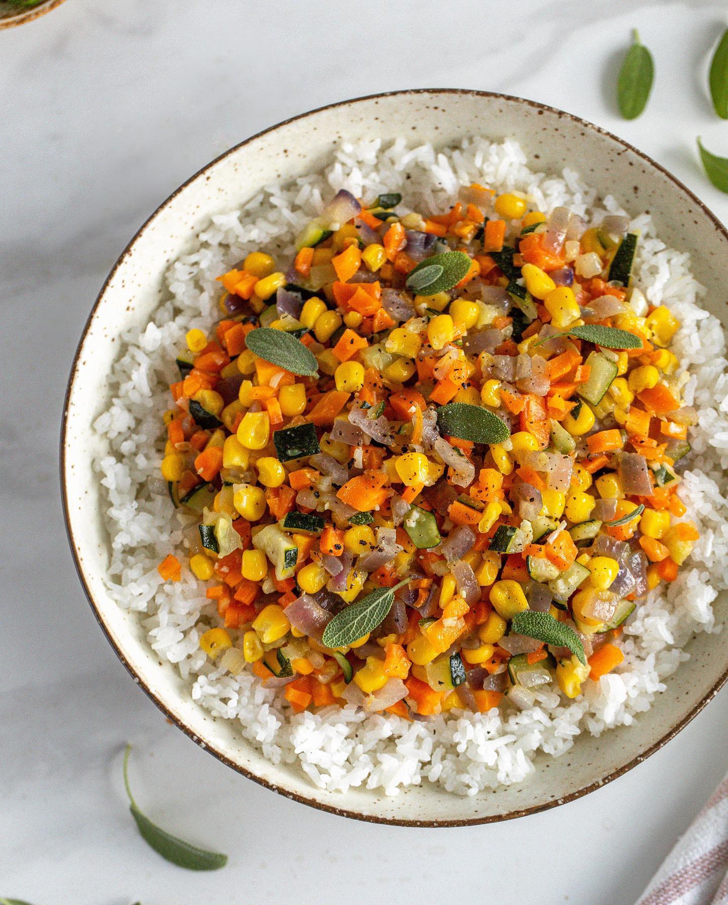 Vegan Buttered Zucchini, Corn, Carrots, and Onion with Fresh Sage