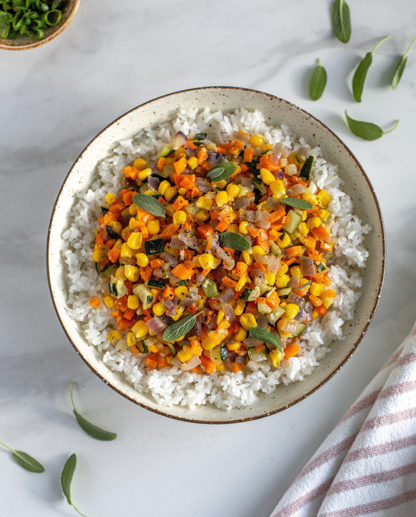 Vegan Buttered Zucchini, Corn, Carrots, and Onion with Fresh Sage