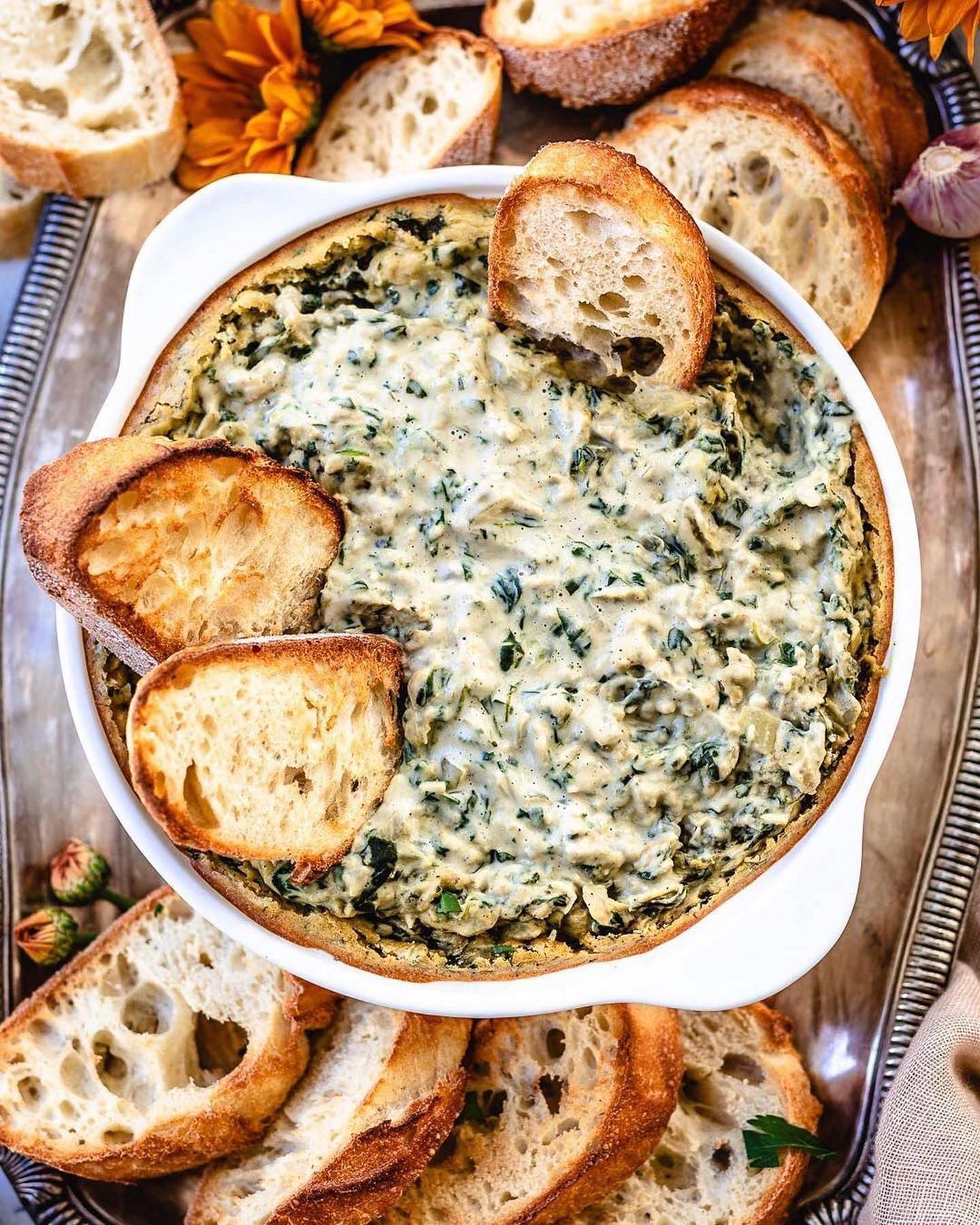 Vegan Spinach and Artichoke Dip with Fresh Baguette