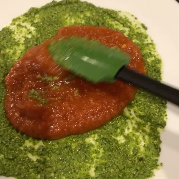 Lemon Brussel Sprout Risotto with Homemade Arugula Pesto and Tomato Sauce
