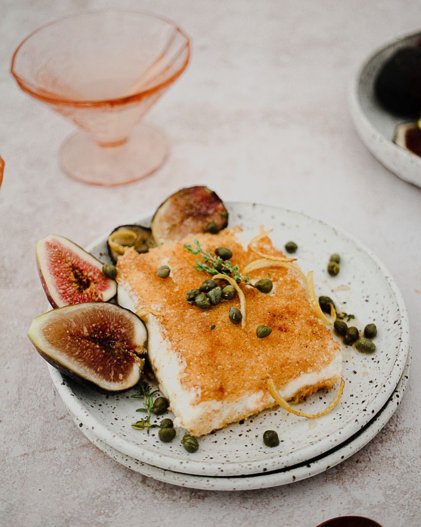 Pan Fried Feta with Figs⁣, Fried Capers, Lemon & Honey