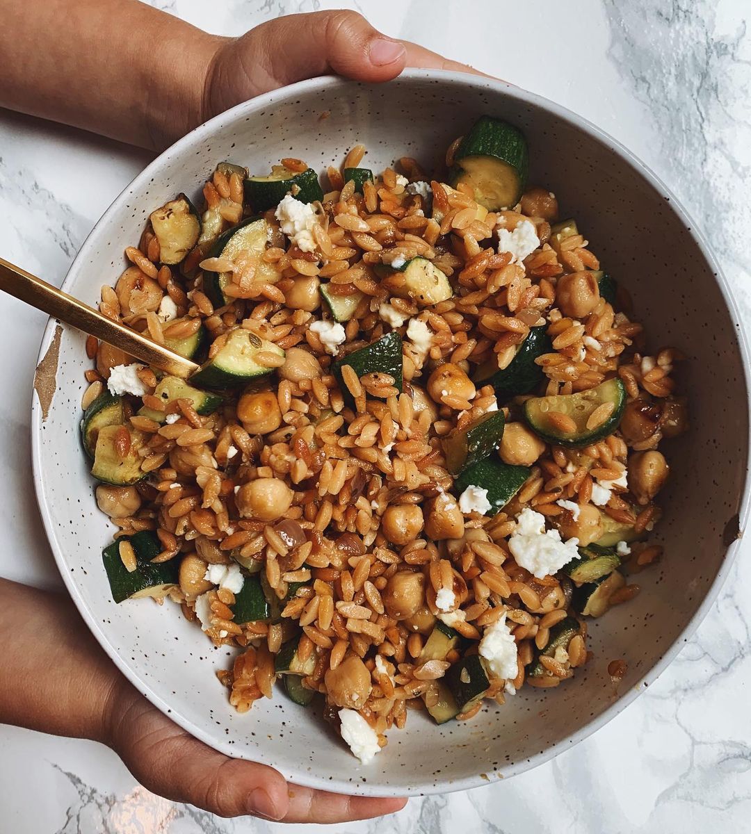 Legume Rice Dish with Zucchini, Onions, Garlic, Oregano, Paprika, Chickpeas, and Feta