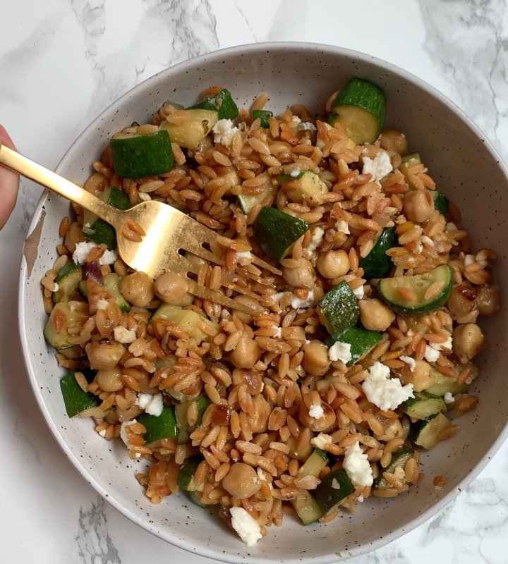 Legume Rice Dish with Zucchini, Onions, Garlic, Oregano, Paprika, Chickpeas, and Feta