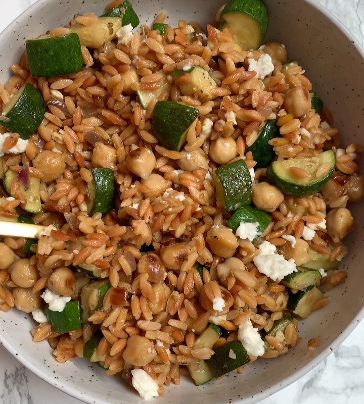 Legume Rice Dish with Zucchini, Onions, Garlic, Oregano, Paprika, Chickpeas, and Feta