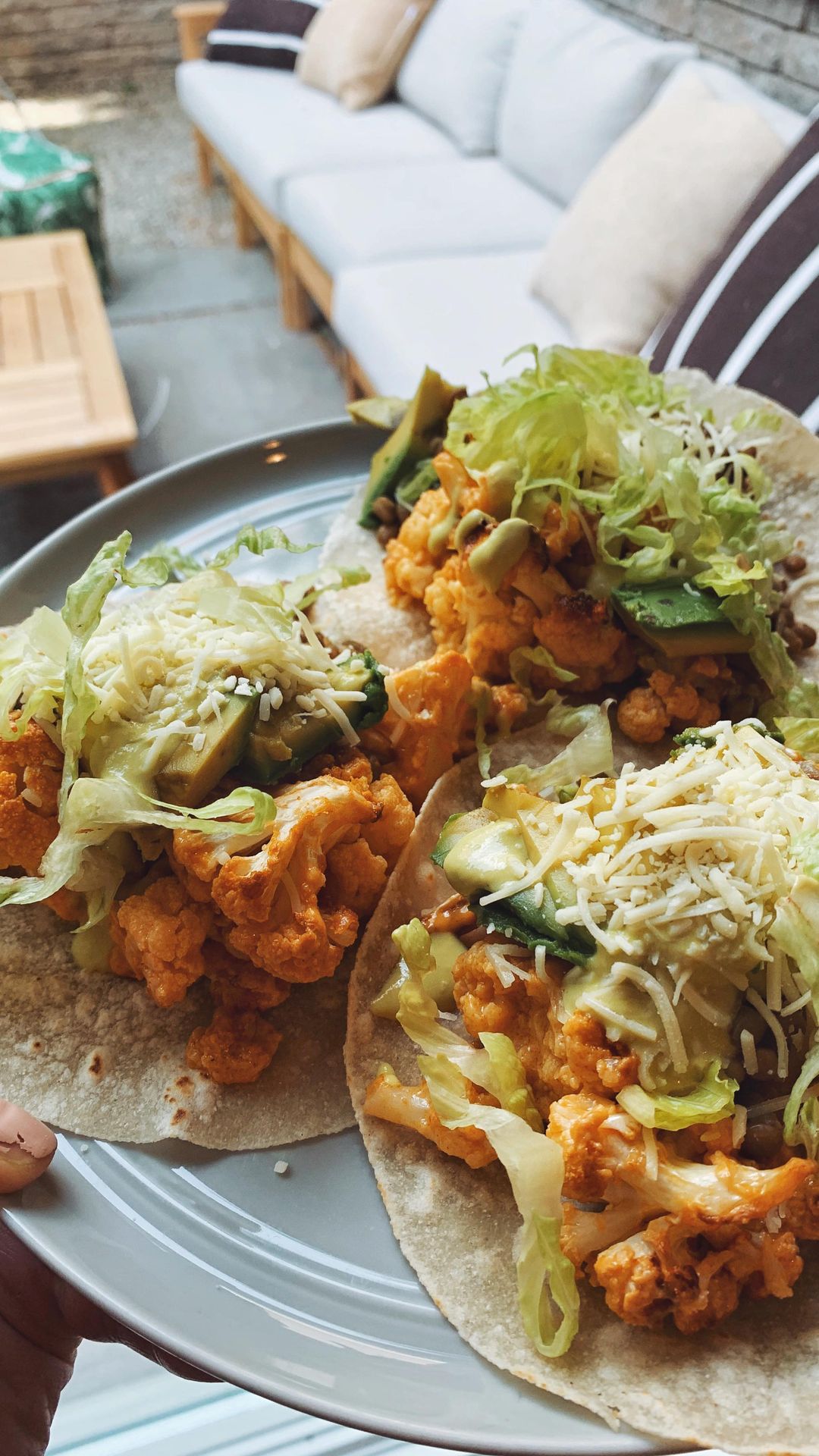 Buffalo Cauliflower and Lentil Tacos with Avocado