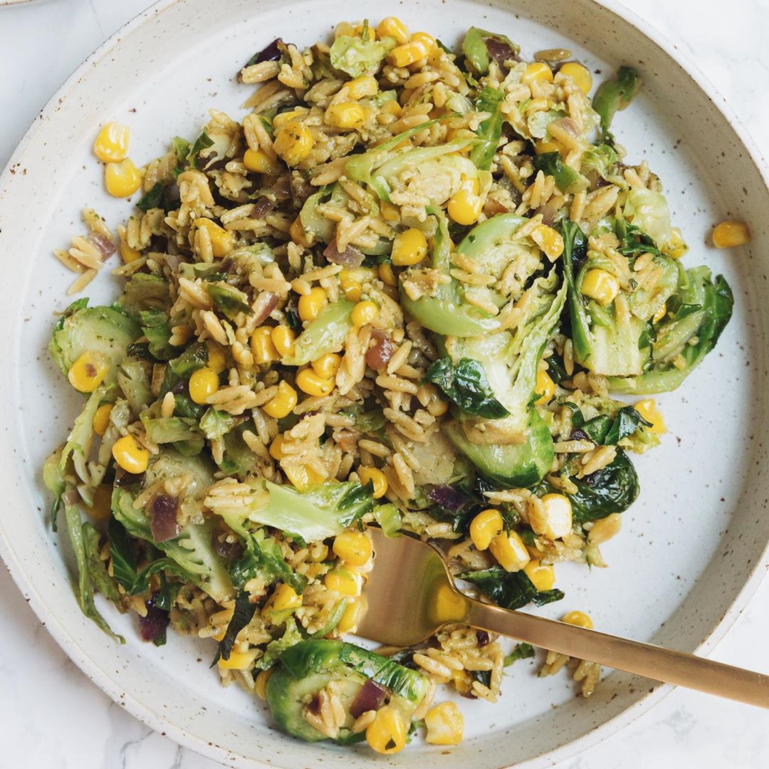 Pesto Brussels Sprouts & Corn with Legume Rice
