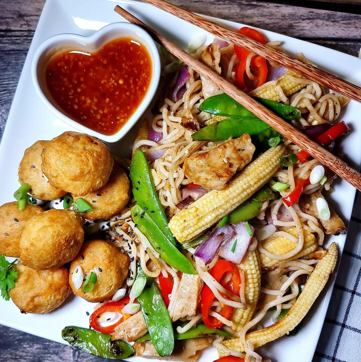 Vegan Chinese Stir Fry with Noodles and Chicken Balls