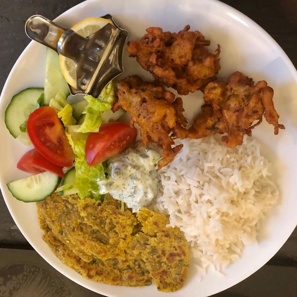 Pakoras and Raita Made with Alpro Yoghurt, Mint & Cucumber