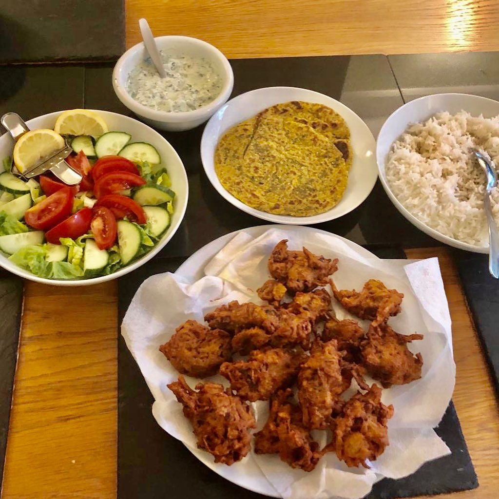 Pakoras and Raita Made with Alpro Yoghurt, Mint & Cucumber