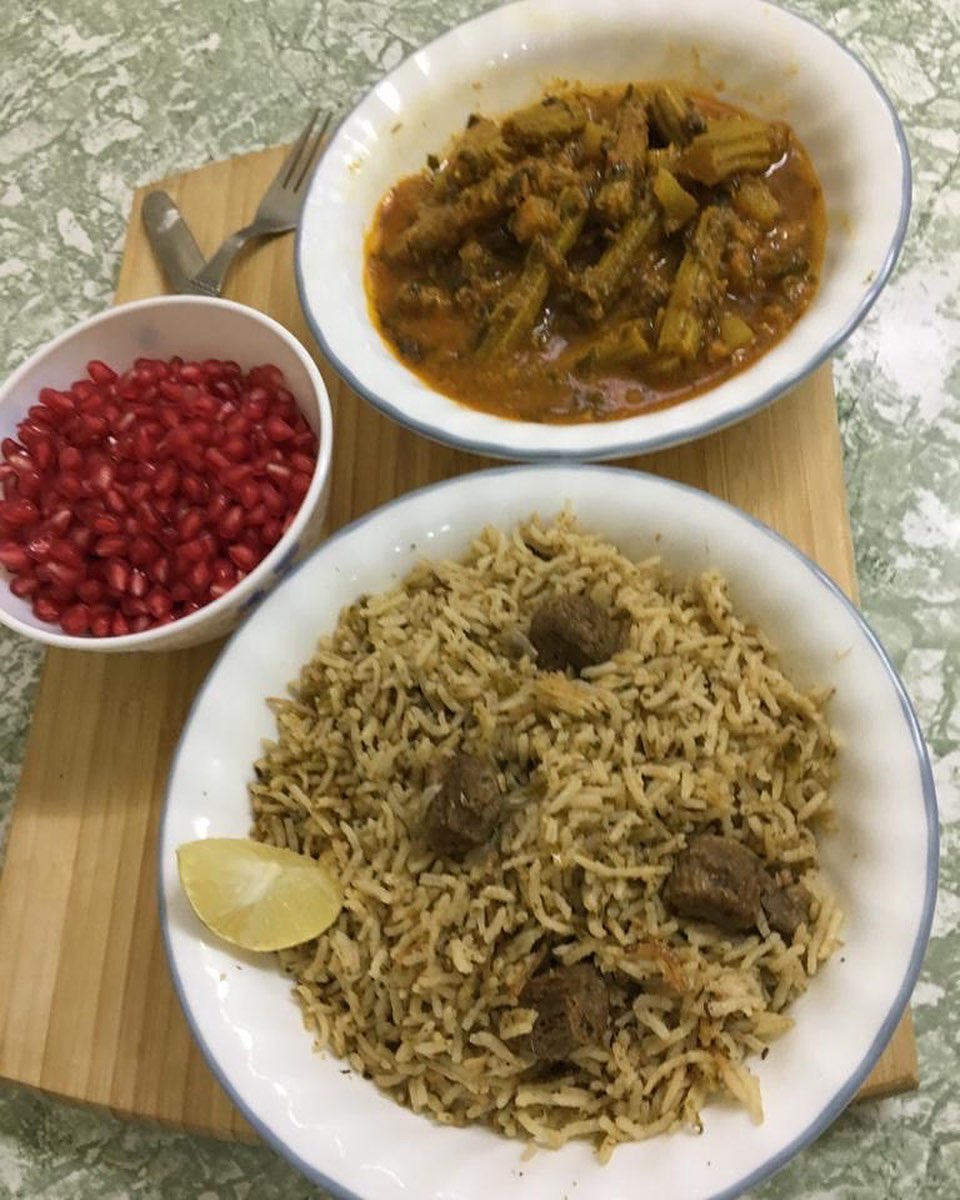 Cilantro Soya Chunks Biryani with Drumsticks Vadi Curry and Pomegranate